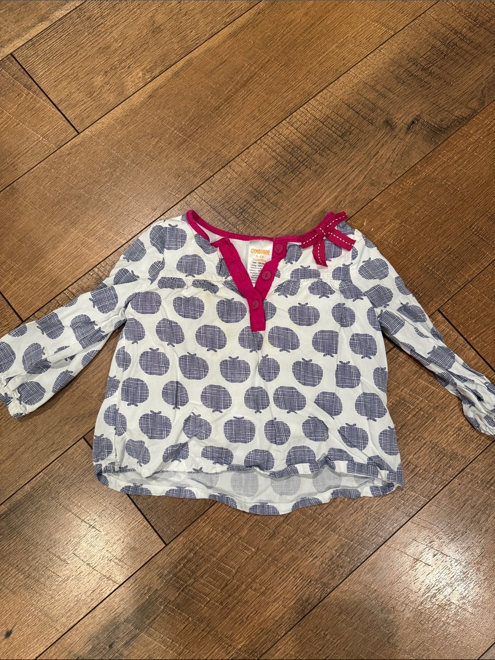 Gymboree White Blouse with Blue Apple Print and Pink Trim